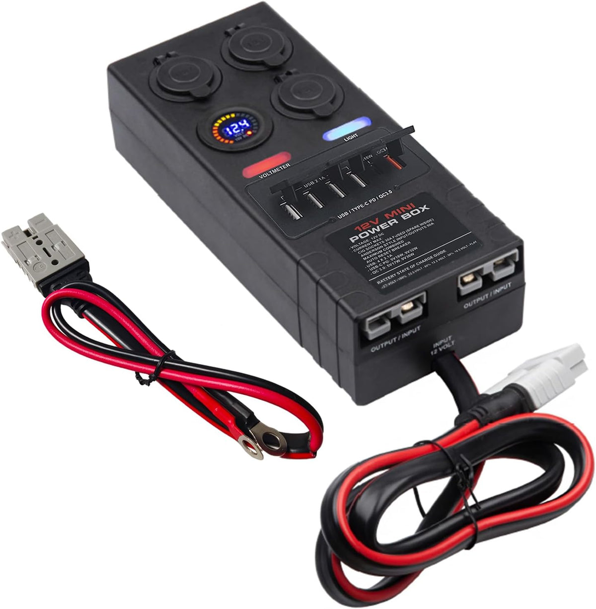 Mini Power Distribution Box 12V DC Batterij Socket Max. 50A Stroom met 2 x Anderson, 6 x USB & 3 x Cig Sockets, Mini Batterij Box voor Outdoor RV Camping Vissen Noodgevallen