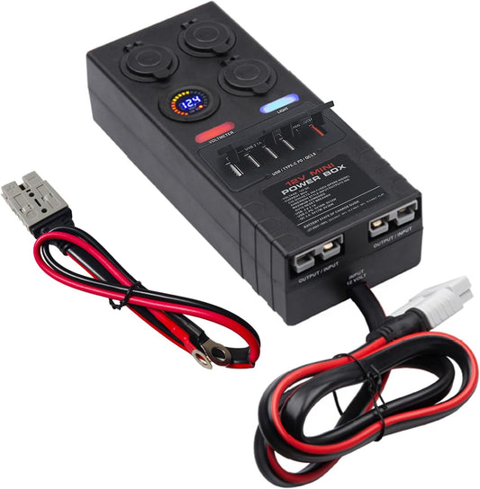 Mini Power Distribution Box 12V DC Batterij Socket Max. 50A Stroom met 2 x Anderson, 6 x USB & 3 x Cig Sockets, Mini Batterij Box voor Outdoor RV Camping Vissen Noodgevallen