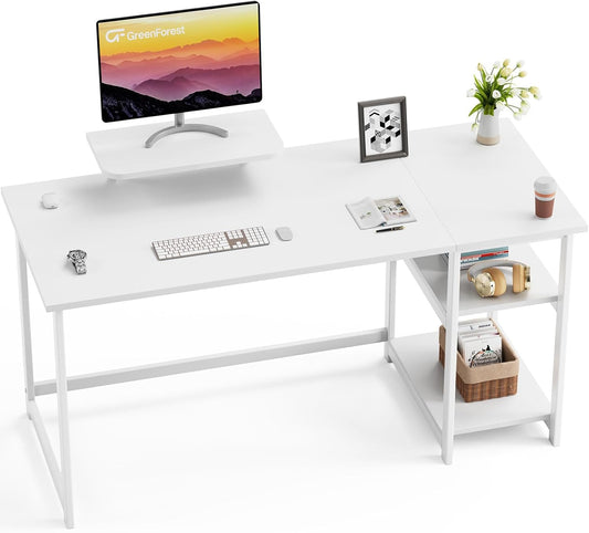 GreenForest Computer Bureau met Monitor Stand, 140cm Home Office met omkeerbare opbergplanken Laptop Gaming Desk voor kleine kantoren en werkplekken,Zuiver Wit