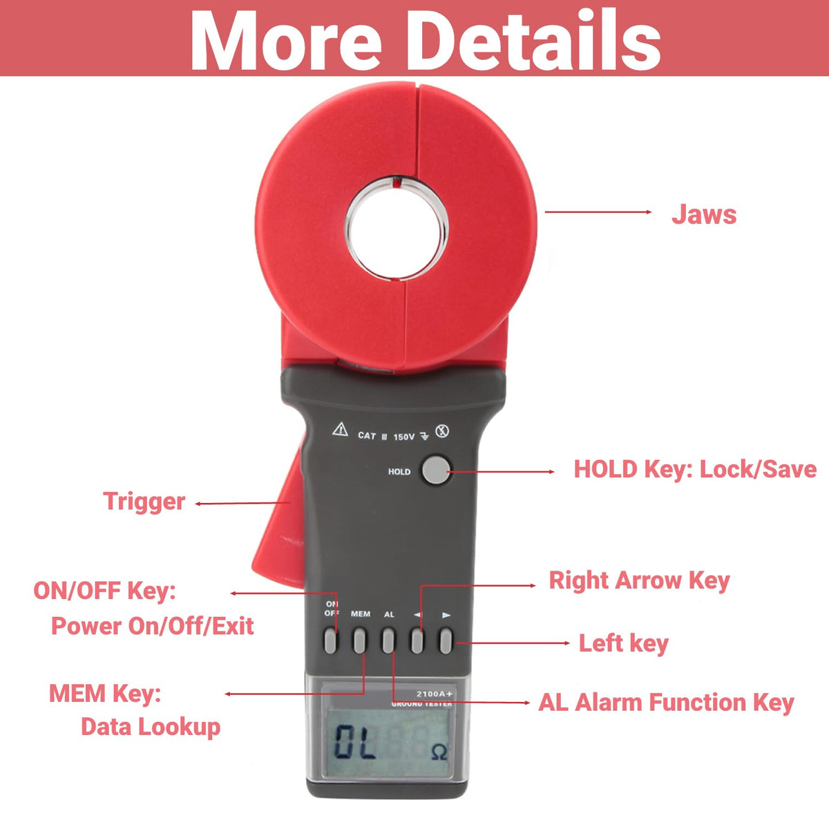 Digitale Aardingsweerstandsmeter – Lusweerstandsmeter – Klemweerstandsmeter – Grondaardetester – Weerstandstester met Ronde Klemmond – LCD-Display – Meetbereik 0,01-200 Ω
