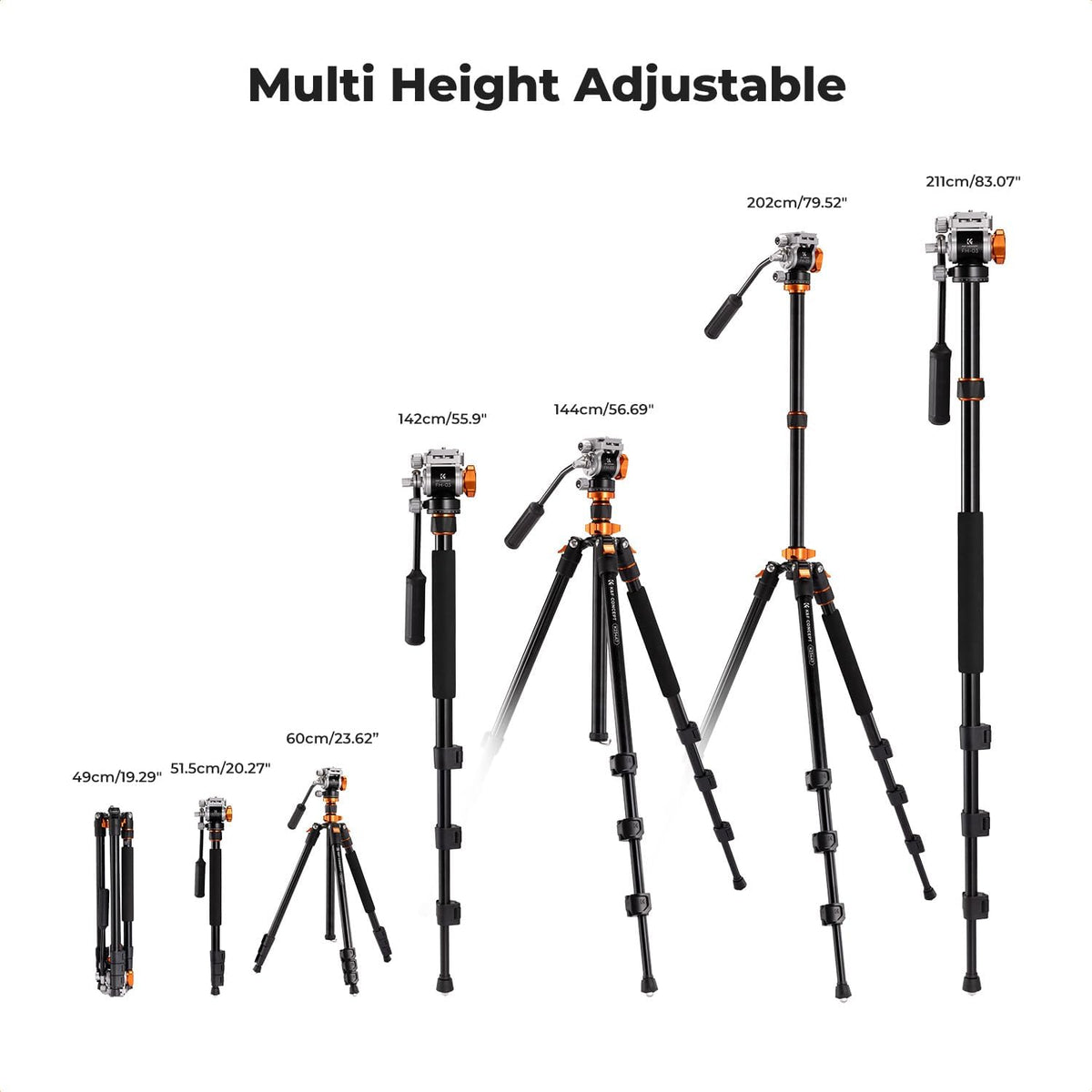 K&F Concept Camera Statief 200cm, Video Statief met Fluid Head voor Pan en Tilt, Camera Statief met Monopod, Arca Swiss Compatible voor DSLR's Belasting: 5kg