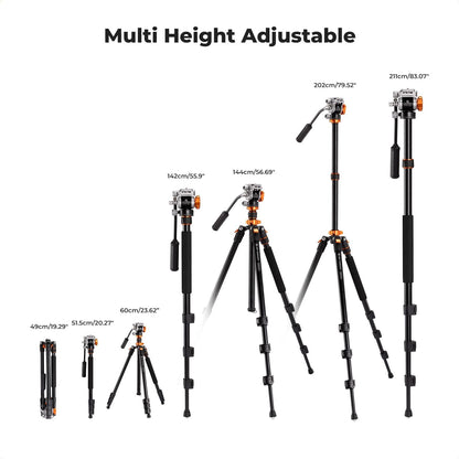 K&F Concept Camera Statief 200cm, Video Statief met Fluid Head voor Pan en Tilt, Camera Statief met Monopod, Arca Swiss Compatible voor DSLR's Belasting: 5kg