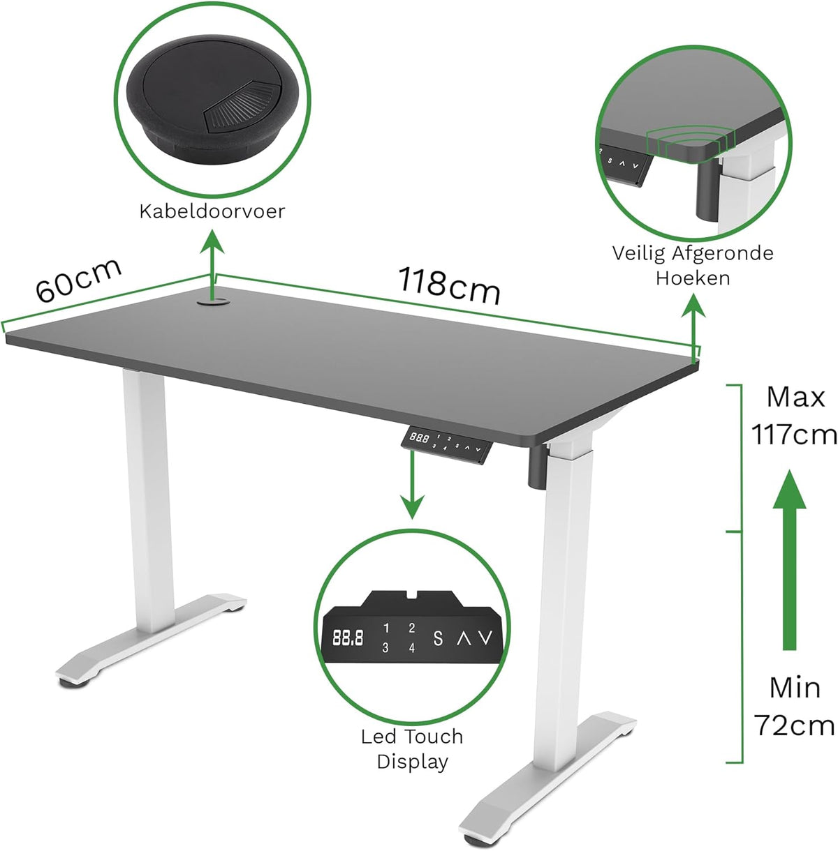 STABUREAUS Seat Stand Desk Electrically Adjustable with 4 Memory Modes | Desktop 118 x 60 cm | White - Intense Black | Height 72-117 cm - QUORE
