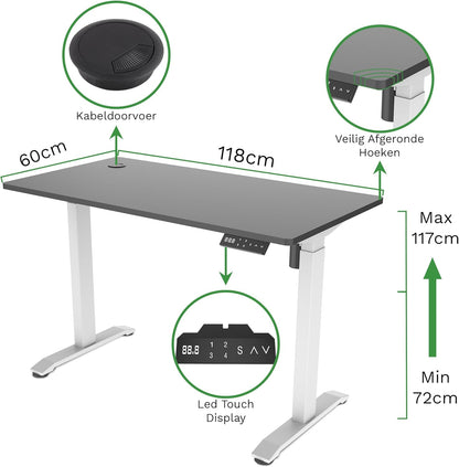 STABUREAUS Seat Stand Desk Electrically Adjustable with 4 Memory Modes | Desktop 118 x 60 cm | White - Intense Black | Height 72-117 cm - QUORE