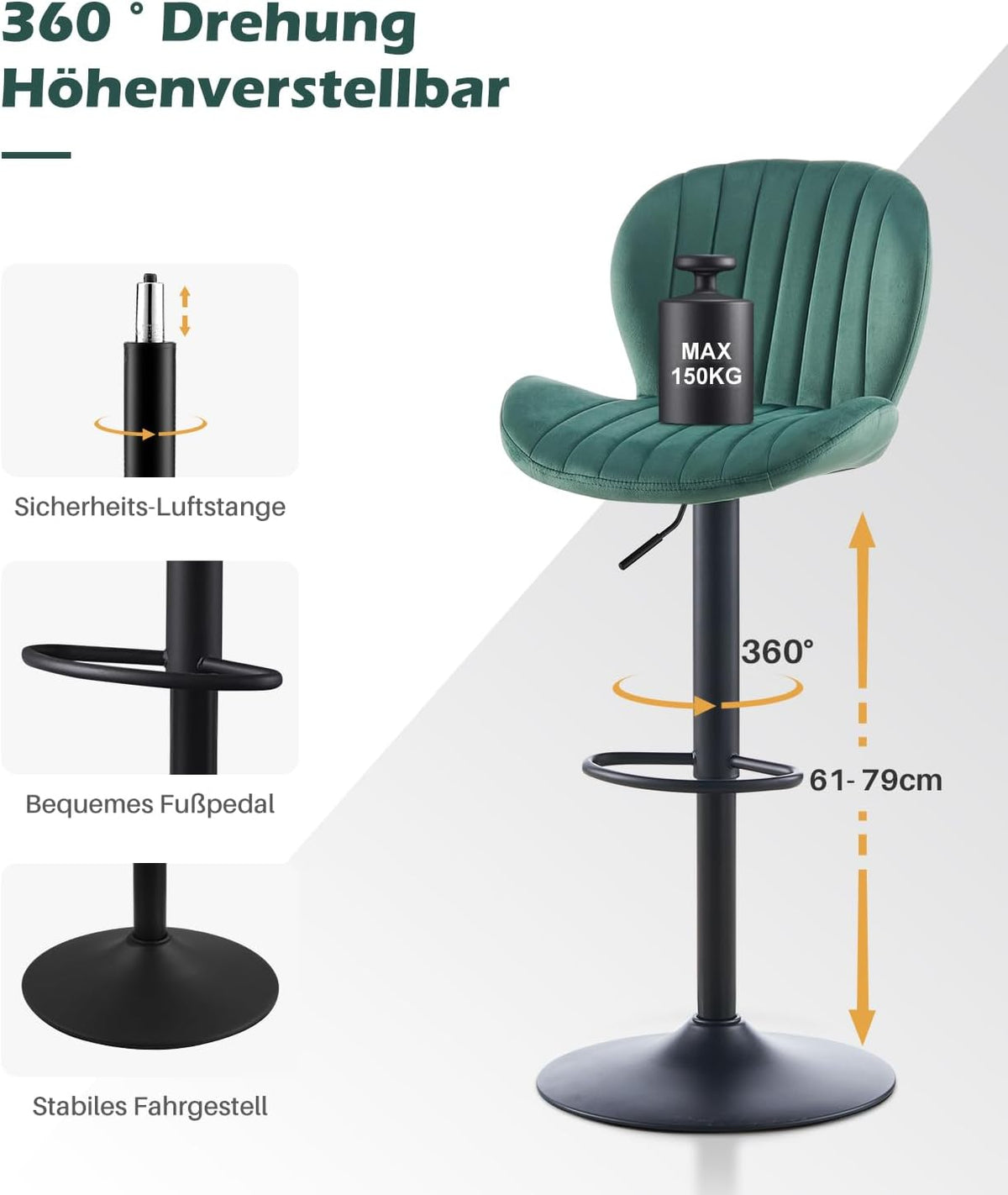 TUKAILAI Barkruk, set van 2 van fluweel, barstoel, in hoogte verstelbaar, 360 graden draaibaar, kruk met rugleuning, voetensteun, metalen frame, gevoerde keukenkruk, barstoel voor keukenbars, groen