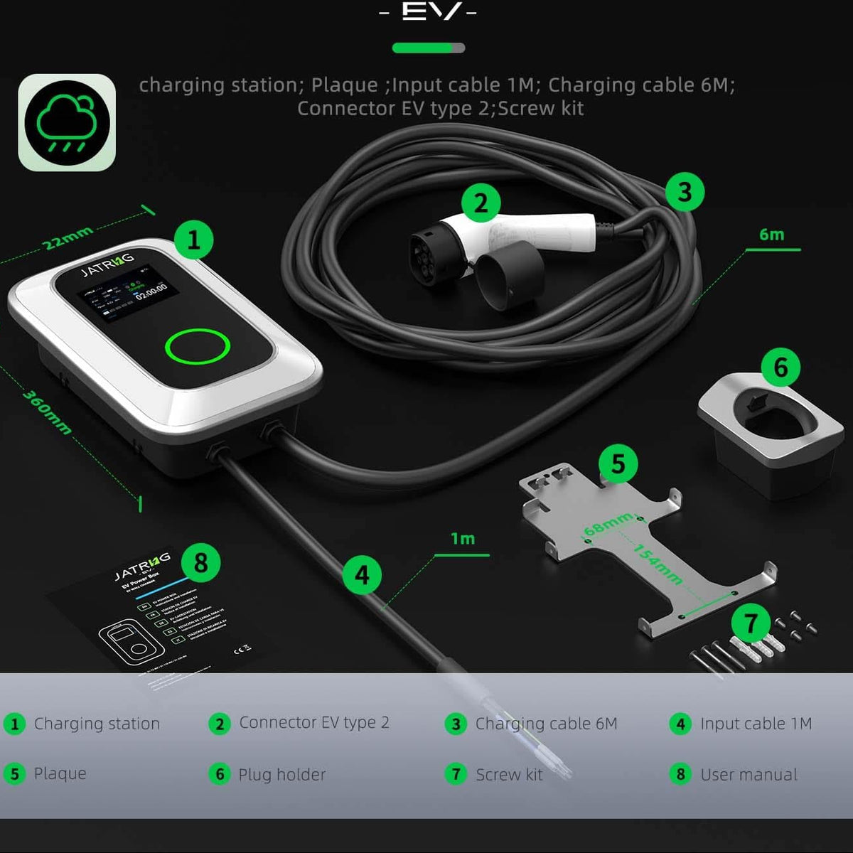 Laadstation – Laadpaal – Wallbox – EV Oplader – Thuislader – 11 kW 3-Fasen – 6 Meter Kabel – Instelbare Laadstroom 16 A – IP66 Waterdicht
