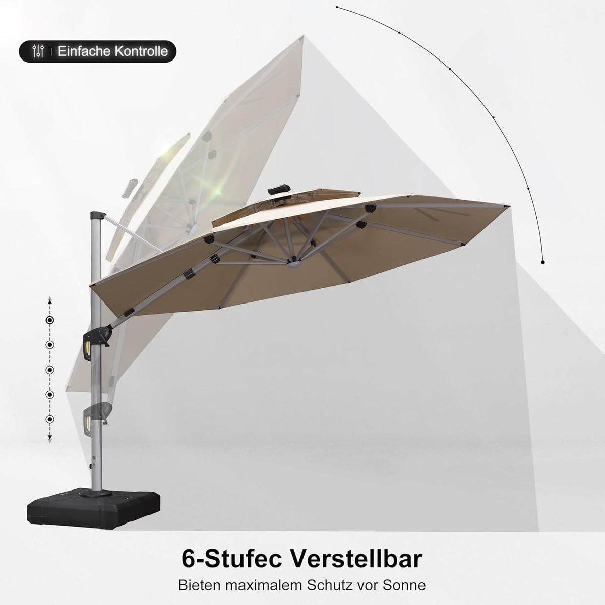 PURPLE LEAF Parasol met led-zonverlichting, zweefparasol, Ø 330 cm, marktscherm, groot, 360 graden rotatie, tuinscherm met zwengel, balkonscherm XXL, zonwering UV50+, beige
