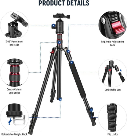 Camerastatief – Fotostatief – Videostatief – Reisstatief – Monopod – Met Telefoonhouder – 360° Kogelkop