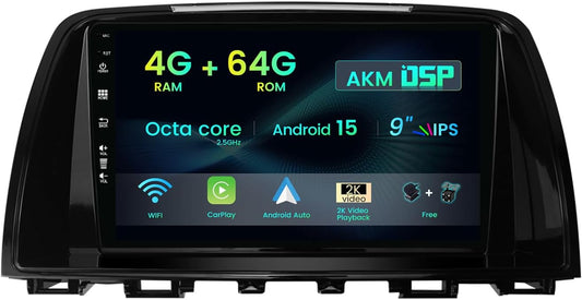 [4G + 64G] Dual DIN Android 15 autoradio voor Mazda 6 GJ Atenza 2012-2016 CarPlay, DSP, camera+MIC, stuurbediening, RDS, 4G, wifi, Dab, Bluetooth 5.0, 9 inch IPS-display