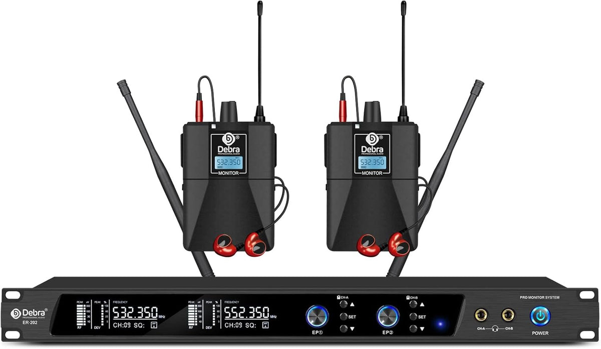 Draadloos in ear monitorsysteem Dubbel Kanaal – IEM set, monitorset, bodypack ontvanger, in ear monitor – 2 bodypacks, zender en ontvanger – UHF 510 tot 580 MHz, 100 instelbare frequenties per kanaal