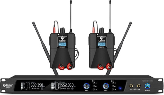 Draadloos in ear monitorsysteem Dubbel Kanaal – IEM set, monitorset, bodypack ontvanger, in ear monitor – 2 bodypacks, zender en ontvanger – UHF 510 tot 580 MHz, 100 instelbare frequenties per kanaal