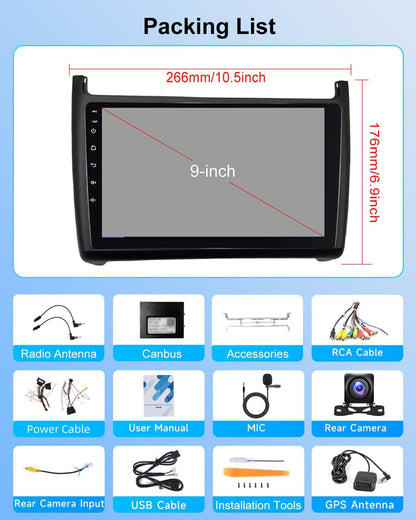 NHOPEEW 2G + 64G Android autoradio voor VW Polo 6R 2009-2017 - draadloze Carplay & Android Auto - 9 inch Android Stereo met WiFi EQ GPS Mirror Link FM RDS + AHD achteruitrijcamera en microfoon