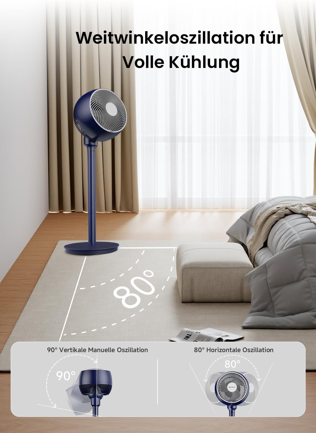 AIRMATE 25 dB staande ventilator, stil, 26 m windafstand, 1600 m³/h luchtvolume, echte turbo-luchtcirculator, in hoogte verstelbaar, ventilator met afstandsbediening, 3 modi/12 standen/12 timers