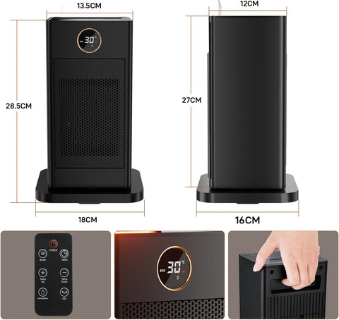 Elektrische Kachel - Keramische Ventilatorkachel - 2000W - met LED Luchtbevochtiger - 90° Oscillerende - Thermostaat - Timer 1-12 u - 15℃- 45℃ Warmtestanden - Afstandsbediening - Eco- & Ventilatormodus - 18 x 16 x 28.5 cm - Zwart