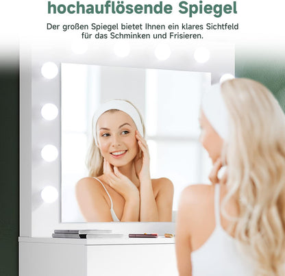 Make-uptafel – Kaptafel – Schminktisch – Make-up Spiegeltafel – Slaapkamermeubel – Verlichte Spiegel Met 12 Dimbare LED-Lampen – Ruime Lade Met Zachte Ladegeleiders