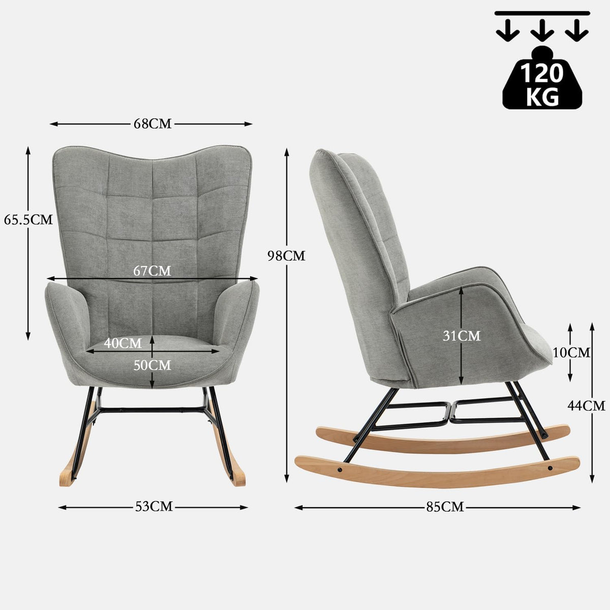 MEUBLE COSY Schommelstoelen, Scandinavische borstvoedingsschommelstoel Vrije tijds- en ruststoel van stof met E'-houten metalen poten voor woonkamer, slaapkamer, massief, donkergrijs, 66x84x97cm