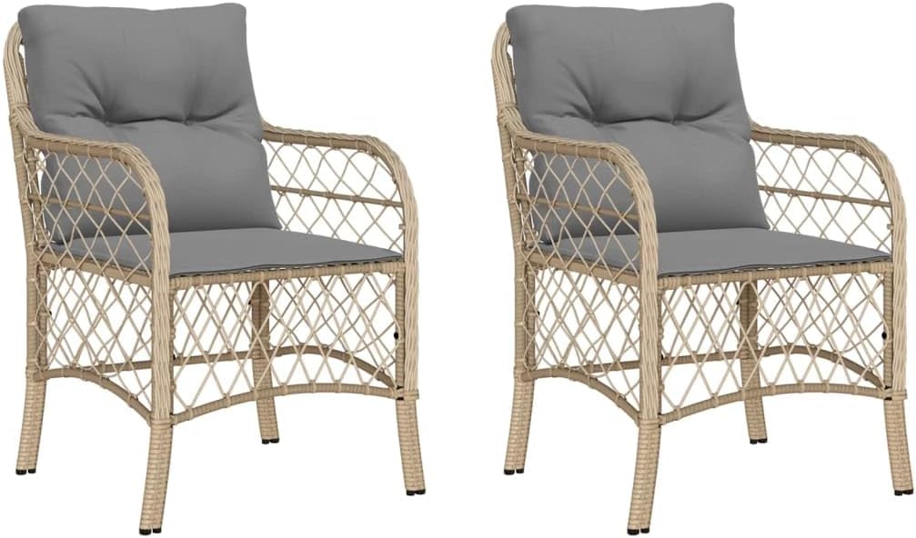 Garden Chairs with Cushions 2 Pieces Mix Beige Poly Rattan Garden Chairs Weatherproof Wood Garden Furniture Balcony Patio Patio Stacking Chair Armchair - QUORE