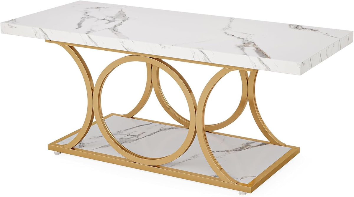 Tribesigns Rectangular Coffee Table, Modern Living Room Table, 2-Tier Artificial Marble Coffee Table, Geometric Legs Furniture with Storage Compartment (White and Gold)