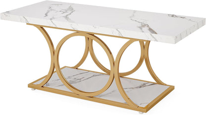 Tribesigns Rectangular Coffee Table, Modern Living Room Table, 2-Tier Artificial Marble Coffee Table, Geometric Legs Furniture with Storage Compartment (White and Gold)