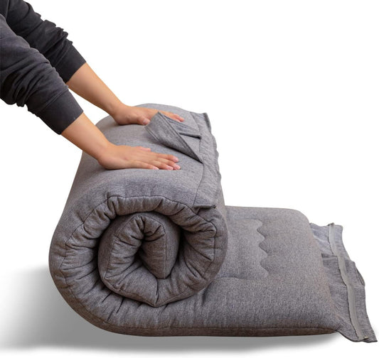MAXYOYO Draagbare opvouwbare futonmatras, hypoallergene stof en schuimmatras met hoge dichtheid met handvat en rits, voor buiten, binnen, camping, gastenauto (grijs, 71 x 190 cm)