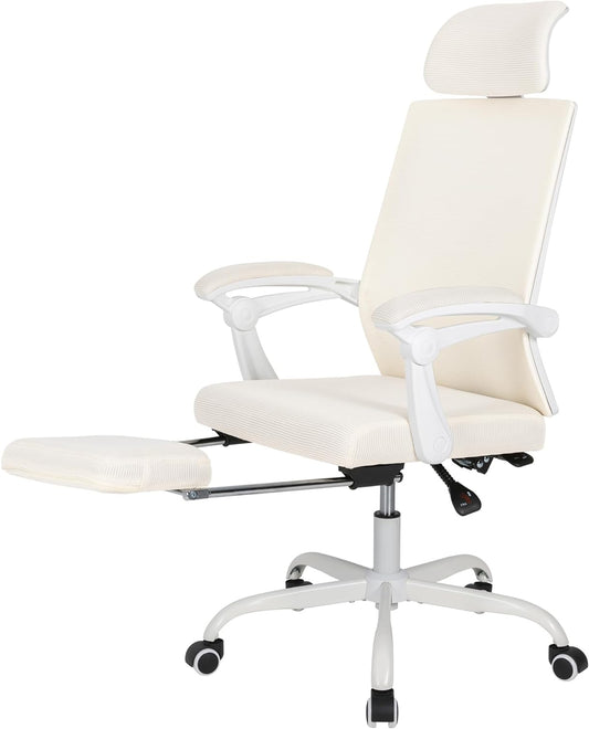 Bureaustoel – Ergonomische Stoel – Kantoorstoel – Draaistoel – Werkstoel – Verstelbare Nek- en Lendensteun – Uittrekbare Voetensteun – Ademend Mesh Materiaal – Kantelbaar tot 135° – Beige