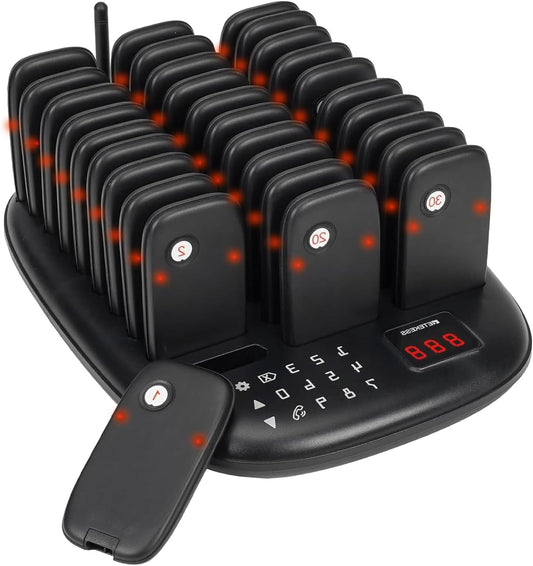Oproepsysteem Restaurant – Pager Systeem – Semafoon – Wachtrijsysteem – Trilsysteem – 30 Pagers – Bereik 500 Meter – 7 Oproepmodi - QUORE