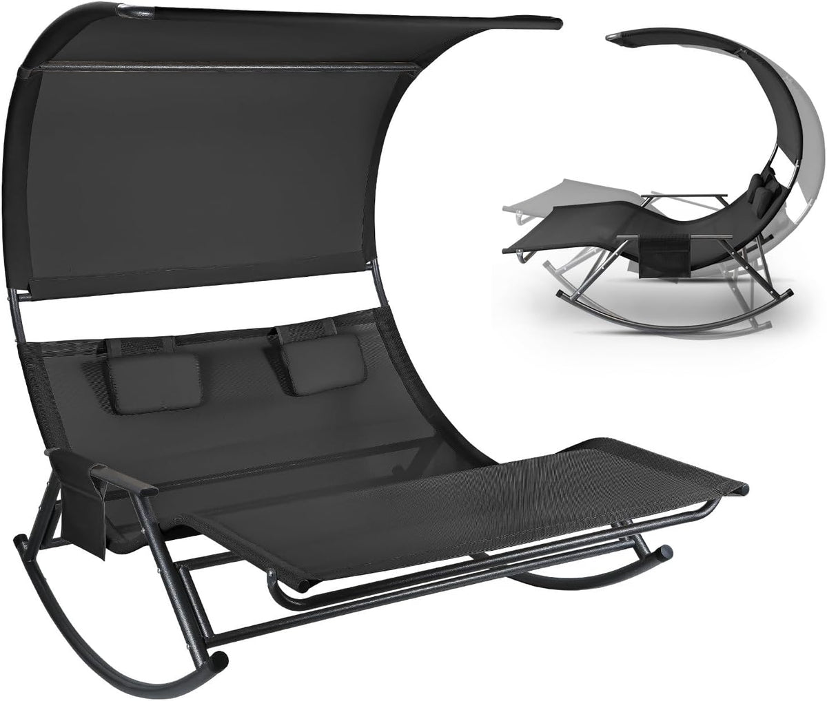 Dubbel ligbed voor buiten, schommelstoel voor 2 personen tot 250 kg, zonneligstoel met zonnedak en tas, ademend weefsel, antraciet voor tuin, balkon en terras - QUORE