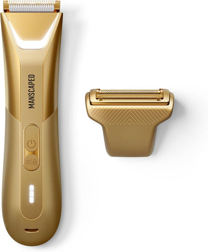 MANSCAPED® The Lawn Mower® 5.0 ULTRA Lies- en lichaamshaartrimmer – SkinSafe® -trimmer met twee koppen en foliemessen, waterdichte natte/droge trimmer, oplaadbaar via USB-C met reisetui, Forged Gold