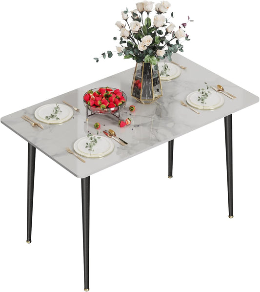 FATIVO Eetkamertafel marmeren eettafel 120x70cm, keukentafel klein 4 personen smalle eettafel eenvoudige woonkamer wit hoogglans Scandinavische tafels voor eetkamer restaurant metalen tafelpoten