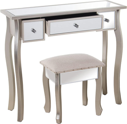 DRW Kaptafel met 3 laden van hout en spiegel met kruk in champagne en spiegel 90 x 32,5 x 80 cm en kruk 40 x 34 x 43 cm