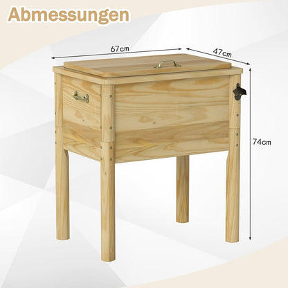 FANTASK Terrassenkoeler, hout, 51 l, rustieke eistrui met 3 handgrepen, flesopener en afvoersluiting, outdoor-terrassenkoeler voor BBQ, cookouts, tuin, terras, zwembad, feest, 67 x 47 x 74 cm
