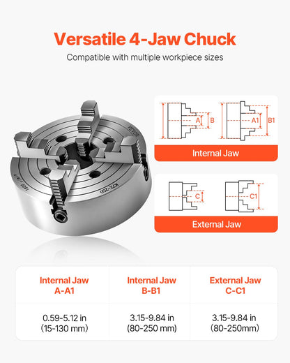 VEVOR 4 jaw lathe holder, 250 mm, lathe chuck, 15-250 mm clamping range with T-key fixing screws, reversible jaw, HT300 cast iron, internal external for wood-metal lathe