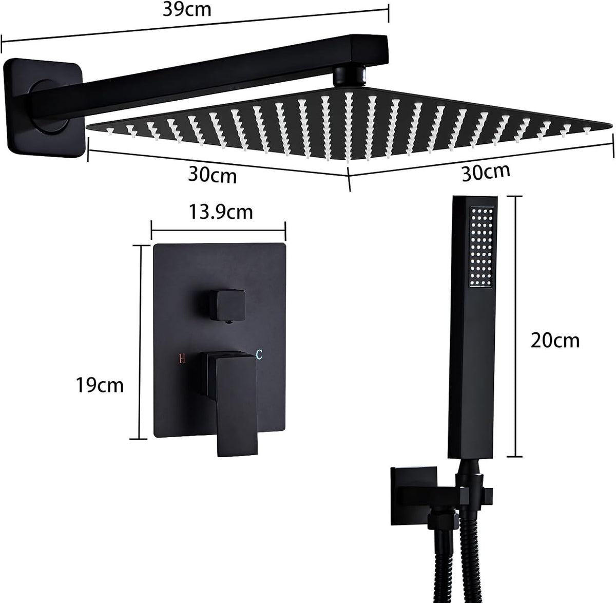 Sanitemodar Inbouwdoucheset van Zwart, Inbouw-douchearmatuur met 30 x 30 cm Hoofddouche, Inbouwdoucheset met Handdouche