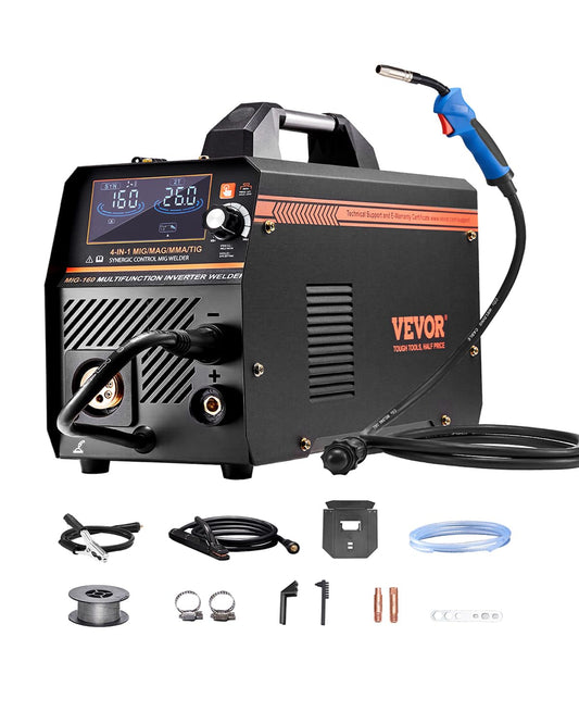 VEVOR MIG Soldering Station, 160 A, Syergetic Welding Machine, Portable Multi-Process, MIG, Gas Free, MMA Lift TIG, 4-in-1, Powerful Welder with IGBT Inverter Technology, LCD Display