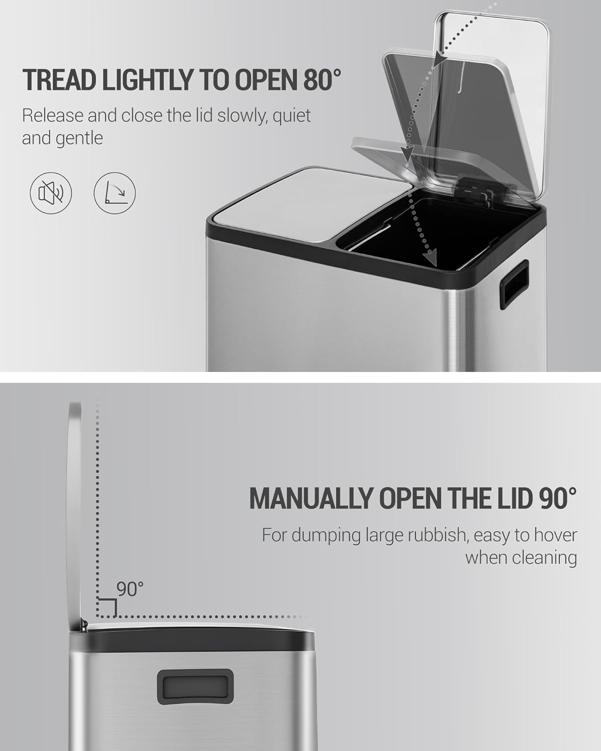 Hzuaneri Trash Bin, Kitchen Pedal Bin (2 x 15 L), Stainless Steel Waste Sorting System with Coloured Pedal, Removable Inner, Suitable for Kitchens, Silent Slow Closure of Lid, Silver