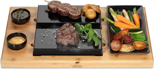 Hot Stone Grill Plaat – Lavasteen – Steengrill – Steakbord – Grillsteen – 8-Delige Set – 3 Cm Dikke Lavasteen – Geschikt Voor Elektrisch Fornuis En Gasoven
