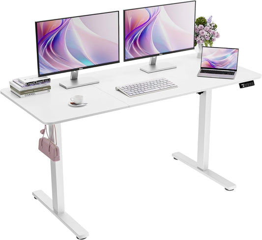 ERGOMAKER Staand Bureau 140x60cm, Elektrisch in Hoogte Verstelbaar Bureau, Computerbureau met Geheugenfunctie & Haken, voor kantoor, thuiskantoor (Wit Frame + Wit Tafelblad)
