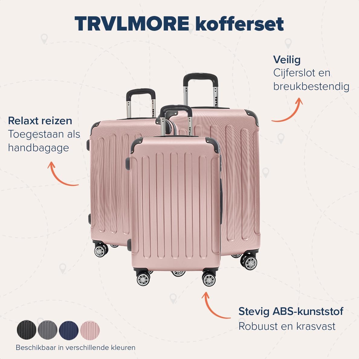 TRVLMORE Kofferset - 3 Delig - 38L Handbagage + 110L Ruimbagage - Lichtgewicht - Trolley - Reiskoffer Set - Roségoud
