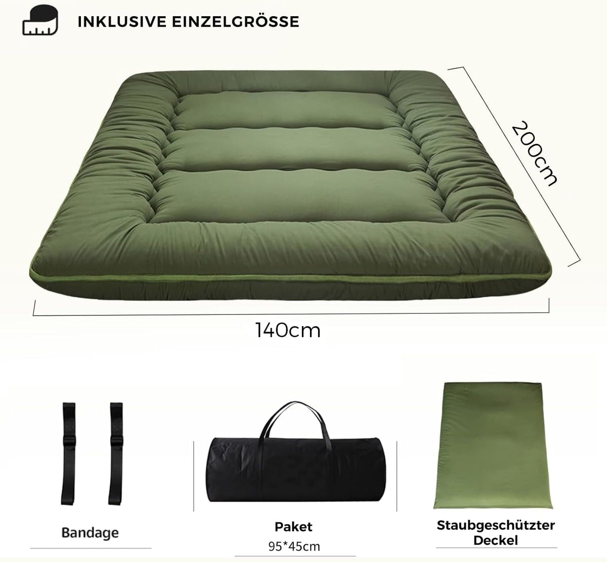 MAXYOYO Japanese Futon Floor Mattress, Thicken Tatami Mat, Sleeping Mat, Folding Roll Up Dormitory Reclining Lounger, Cushion Bed (Green, Double)