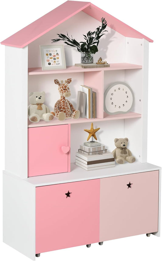 HOMCOM Children's Cabinet Freestanding Cabinet Bookcase Decorative Rack for Girls 4 Compartments Pink 80 x 34 x 130 cm - QUORE
