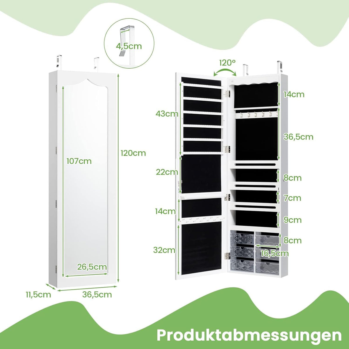 FANTASK Hangende sieradenkast, simpelkast met ledverlichting, spiegel en 6 laden, hangkast voor deur- en wandmontage, sieradenkast voor het opbergen van sieraden en cosmetica, wit