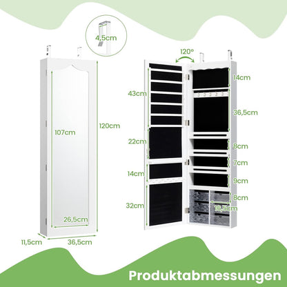 FANTASK Hangende sieradenkast, simpelkast met ledverlichting, spiegel en 6 laden, hangkast voor deur- en wandmontage, sieradenkast voor het opbergen van sieraden en cosmetica, wit