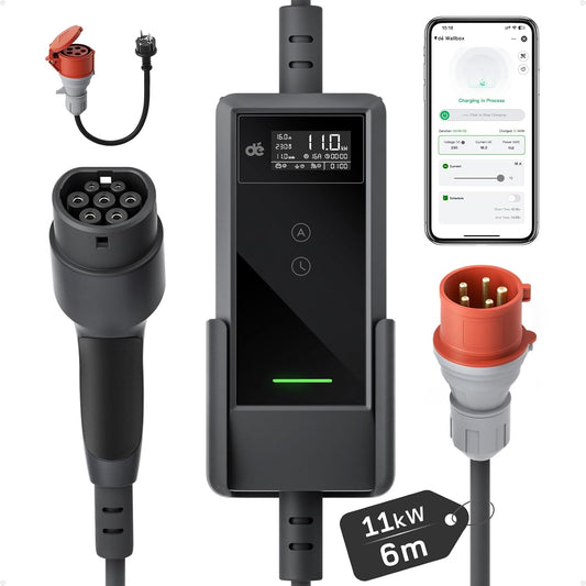 dé Mobiele Wallbox 11 kW met app [6 m | 3-fasen | 6-16 A], oplaadkabel e auto CEE-16A 400V naar type 2 met instelbaar laadvermogen, EV-oplader voor ID.3/4/5/7, IX1, model 3/Y en andere BEV/PHEV