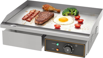 Elektrische grillplaat van gietijzer, 220-240 V, 3000 W, 55 cm × 35,5 cm, thermostaatbediening van 50 tot 300 °C, 18,5 kg spatbescherming, roestvrij staal