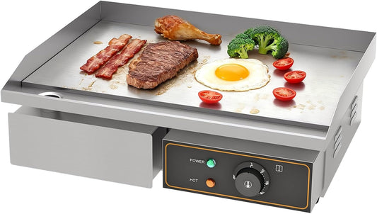 Elektrische grillplaat van gietijzer, 220-240 V, 3000 W, 55 cm × 35,5 cm, thermostaatbediening van 50 tot 300 °C, 18,5 kg spatbescherming, roestvrij staal