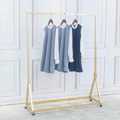 Kledingwinkel Moderne rollende kleding displaystandaards met wielen, opslag schoenentas pijpplank, organisatie kledingrek, thuiskleding hangende planken (goud zonder houten bord, 47,2 inch