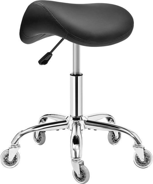 BEWISHOME Ergonomische Zadelkruk met Wieltjes, Hydraulisch in Hoogte Verstelbaar, Groot Zitkussen, Kapsalons, Schoonheidssalons, Massageklinieken en Spa's (Zwart)