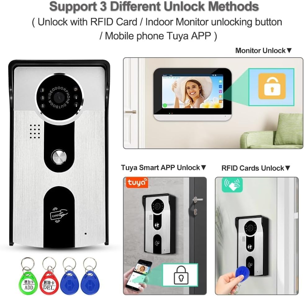 7 ''TFT LCD Bedrade Video Intercom Systeem WiFi Indoor Monitor HD 1080P Outdoor Camera Tuya Bewegingsdetectie Nachtzicht 2-Weg Audio 12 stks Keyfobs Inbegrepen