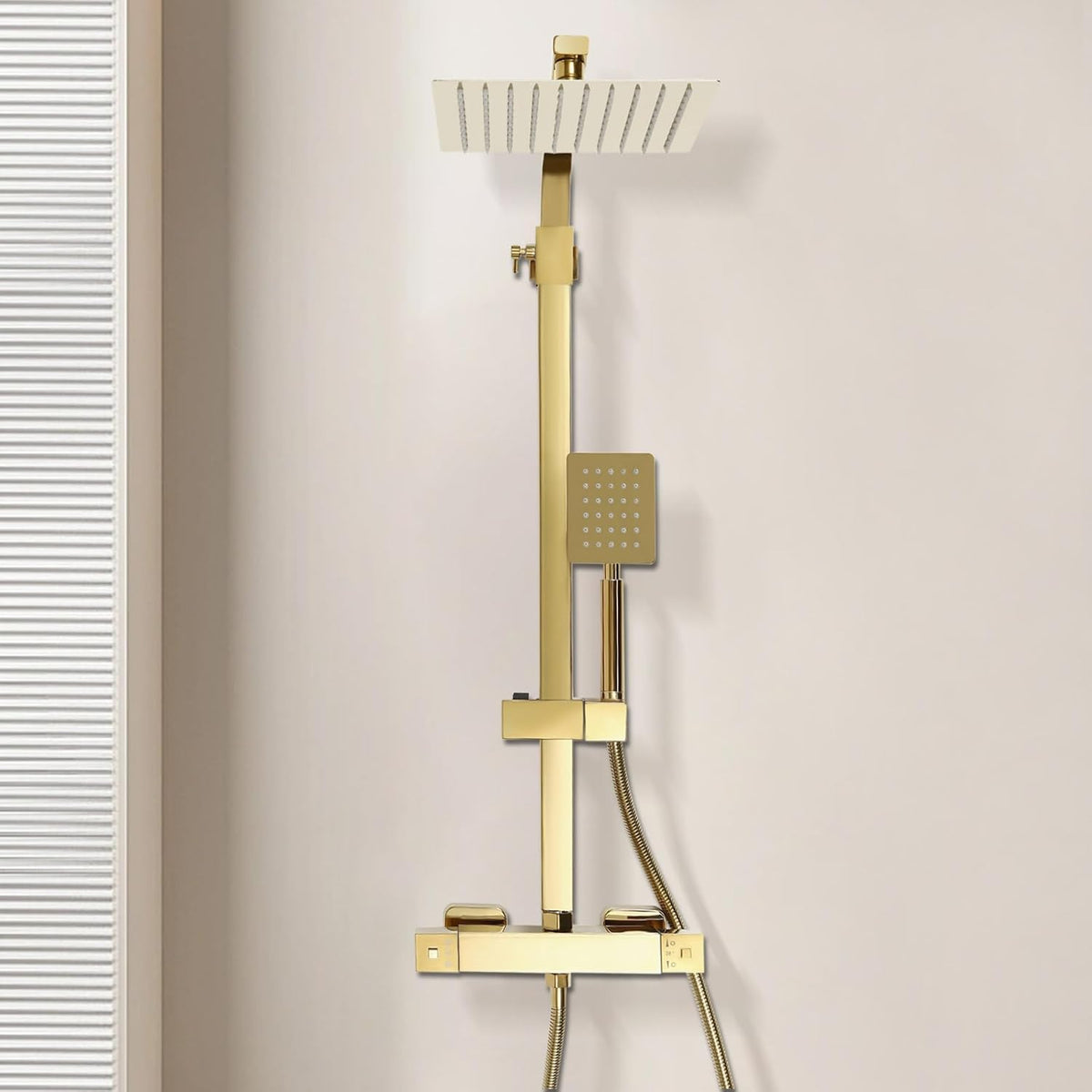 Douche Systeem – Regendouche – Douche Set – Douchekolom – Handdouche – Thermostatische Temperatuurregeling – Gouden Messing 20x20 cm