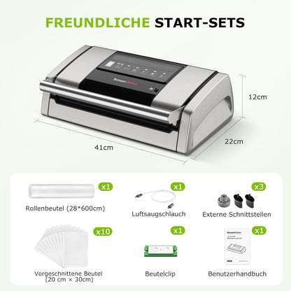 Bonsenkitchen Vacuümmachine, 15 l/min, met zakclip, greepvergrendeling en geïntegreerde snijder, voor vacuüm koken en bereiden van levensmiddelen, snelle afdichting met hoge prestaties, VS5100